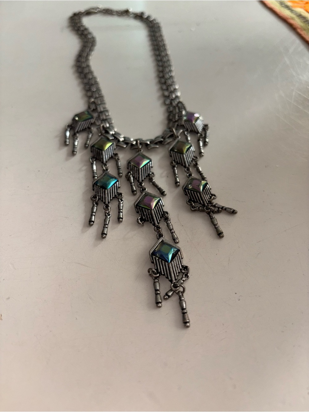 Gunmetal Fringe Necklace with Iridescent Accent Stones